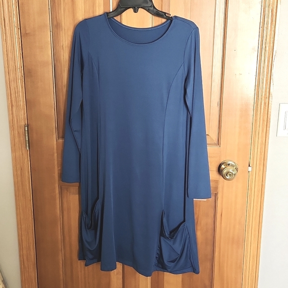 Stretchy Long Sleeve Blue Dress with Slouchy Pockets, Size L - Picture 1 of 5
